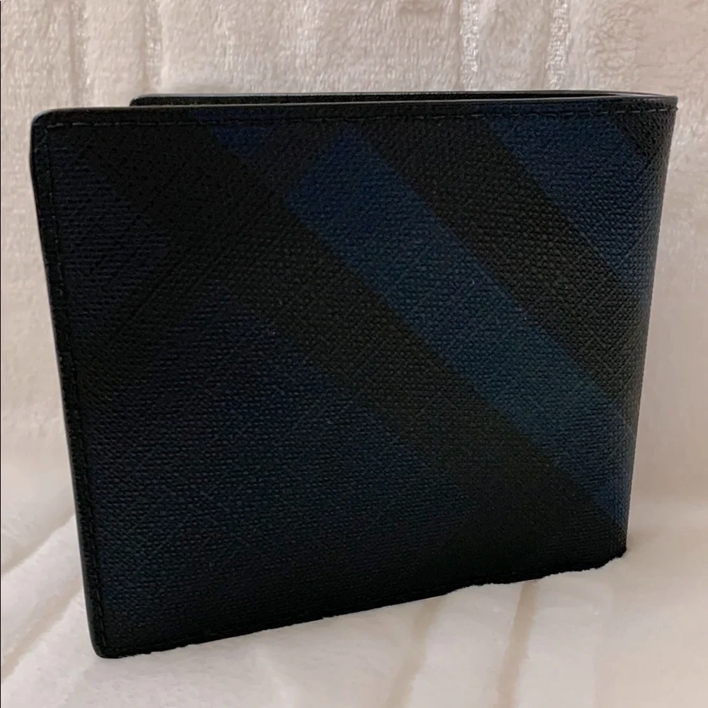 Burberry Men’s Leather Slim Check Bifold Wallet Blue Black Diagonal Stripe